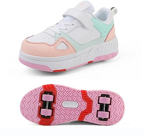 GeRRiT Schuhe Mit Rollen Versenkbarer Technischer Skateboardschuhe Sport Schuhe Kinder Rollschuhe Outdoor Turnschuhe Jungen und Mädchen 4 Rollschuhe,Pink-37EU