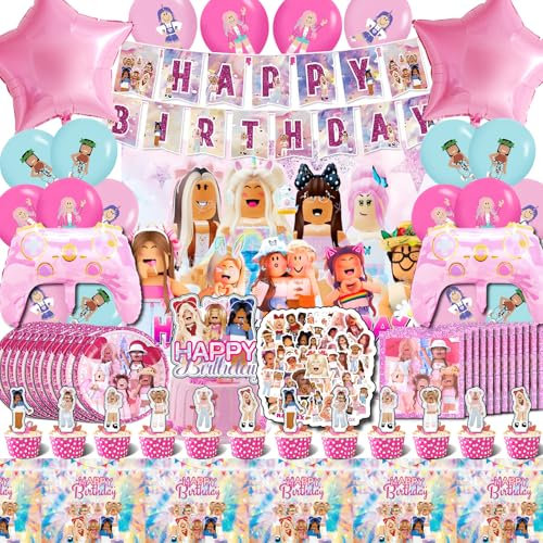 Decoración Rob Niña Cumpleaños - 50 Pcs Stickers, Tarta, Globos, Mantel, Platos, Servilletas y Fondo
