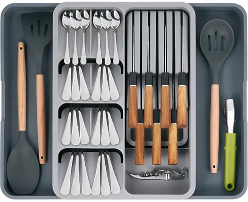 MULEVIP Range Couverts pour Tiroir,Range Couverts Ajustable,Rangement Couverts Tiroir Cuisine 50 x 40 x 5cm,Range-Couverts pour Couverts,Cuillères,Fourchettes,Couteaux - Grand - Gris