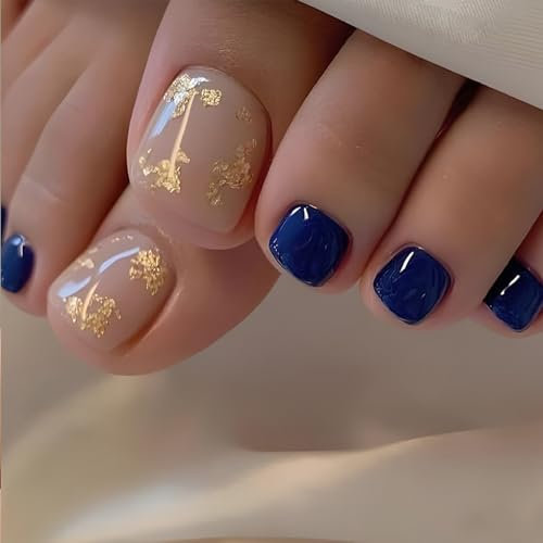 24 Pièces Faux Ongles pour Orteil D'été Bleu Royal Français Faux Ongles D'Orteil Couverture Complète Ongles Conseils Pied Ongles, 12 Tailles False Toe Nails pour Femmes et Filles Nail Art