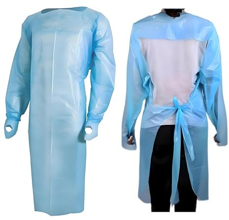 Disposable Isolation Gowns for Medical & Dental Patient Exam, Level 2 & 3 AAMI, CPE, Apron Style Open Back, Waist Tie, Long Sleeve, Thumb Loop Wrists, One Size Fits All, Blue - Pack of 100