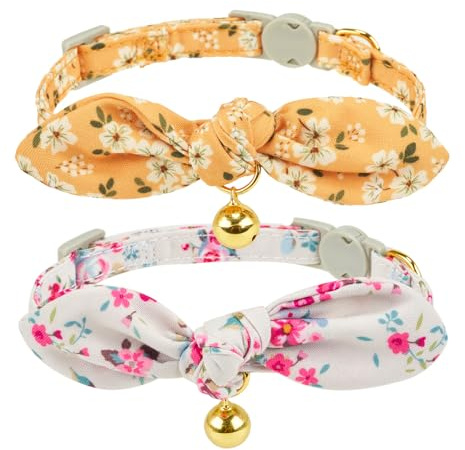YUDOTE Soft Cat Collar with Hand-tied Bow, Yellow & Pale Floral 2 Pack | Lightweight fabric with delicate flower prints, warm gentle colour palette ideal for casual daily wear.
