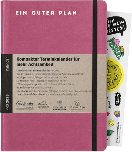 Ein guter Plan Pro 2025– Kompakter Terminkalender für mehr Achtsamkeit im Alltagschaos – Datierter Planer mit Kunstledereinband, Gummiband und Froschtasche (Bonbon 2025)