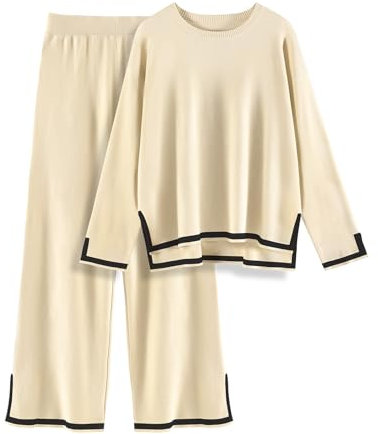CMTOP Tuta Donna Completo Elegante 2 Pezzi Casual Tute da Ginnastica Tailleur Girocollo Maglia a Maniche Lunghe e Pantaloni a Gamba Larga Autunnale Invernale Completi Per La Casa(Albicocca, S)