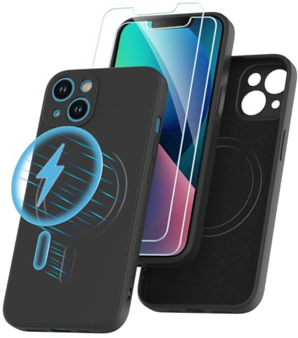 Garegce Coque Silicone Magnétique pour iPhone 13 Compatible avec MagSafe + 2 X Verre trempé Protection écran, Antichoc Anti-Rayure, Souple Doublure en Microfibre Douce Housse Etui - 6.1- Noir