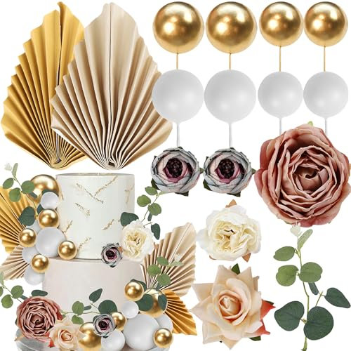 Xsstarmi 34 Pack Artificial Flower Leaves Palm Fan Cake Topper Mini Gold Balls Cake Pick Tea Rose Peony DIY Cake Decorations for Wedding Anniversary Bithday Valentine's Day Party Supplies