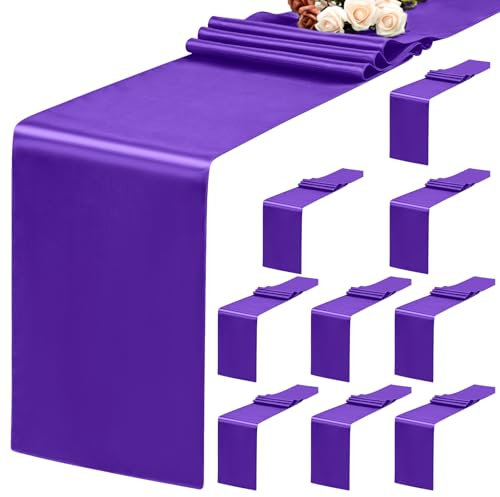Confezione da 10 runner da tavola viola, 12 x 72 pollici, runner da tavola in raso per tavoli rotondi rettangolari, runner da tavola viola per matrimoni, banchetti di compleanno, fidanzamenti, decoraz