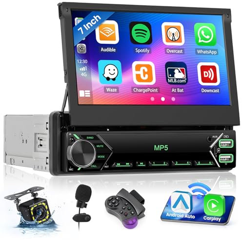 Inefala Poste Radio Voiture 1 Din avec 7 Pouces Ecran Retractable, sans Fil Carplay Android Auto, Autoradio Bluetooth avec USB FM SWC Caméra de Recul & Mic