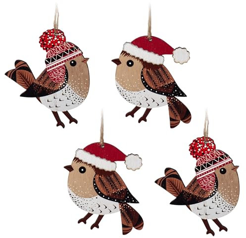 Wooden Christmas Robin Baubles/Tree Ornaments - Set of 4