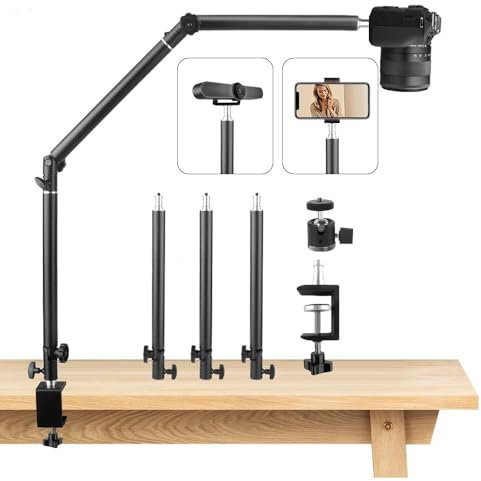JEBUTU MS05 Overhead Camera Mount, 37.5-104.5 Adjustable Camera Desk Mount, Flexible Articulating Camera Arm, Heavy Duty Camera Mount with 1/4 Ball Head for Camera Ring Light Projector Webcam