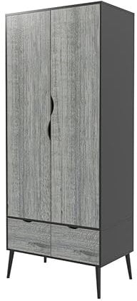 URBNLIVING 180cm Tall Freestanding Black Wardrobe with Ash Grey 2 Door 2 Drawer Modern Shelf Clothes Storage Scandi Legs Cupboards Hanging Rail Unit for Bedroom