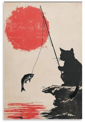 IVAOART Poster mit japanischer Katze, Angeln, Leinwand, Schlafzimmer, Dekoration, Landschaft, Büro, Raumdekoration, Geschenk, 30 x 45 cm