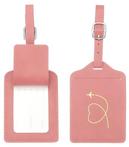 PATIKIL Etichette per valigie e bagagli, a forma di cuore, rosa, in pelle, accessori per borse da viaggio essenziali per viaggi in hotel e borse da viaggio per uomini e donne, 2 pezzi