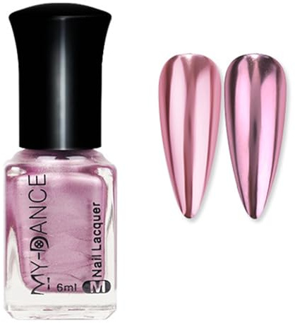 Metallic Nail Polish - Mirror Effect Chrome Nail Varnish - Metal Holographic Nail Polish - Pink Nail 60 Seconds Smooth Mirror Chrome Nail Varnish No Bake - Oil Base Breathable Long Lasting