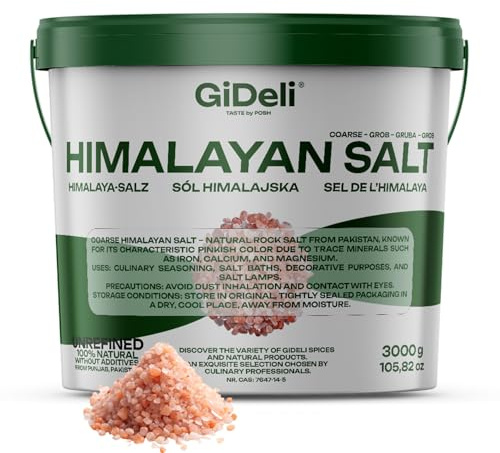 GiDeli Himalaya Salz grob 3 kg im Eimer – rosa Steinsalz für die Mühle | Haushaltsvorrat zum Nachfüllen der Salzmühle. Grob gebrochen, unjodiert, ohne Zusätze. Eimer mit Deckel und Bügel.