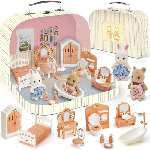 Koffer Dollhouse Puppenhaus Möbel Zubehör DIY Miniature Haus mit 2 Flexible Puppen und Schlafzimmer und Badezimmer Möbel Rollenspiel Geburstag Weihnachten Geschenk für Kinder Mädchen Jungen ab 3+