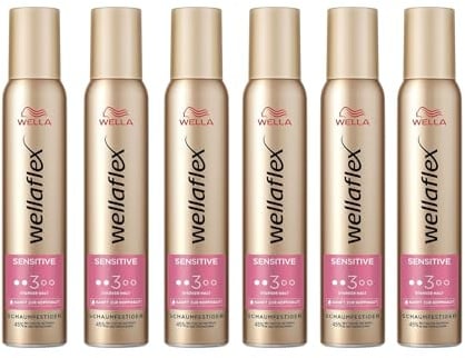 6x Wella Wellaflex Sensitive Schaumfestiger Parfümfrei Haarschaum für 24h starken Halt ohne Verkleben,silikonfreie Formel für mehr Haarglanz,mit UV-Schutz Haltegrad 3,200 ml (6er Pack)