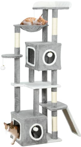PawHut Arbre à Chat 165 cm Griffoir, Poteaux Sisal, Multi-Niveaux, Gris | Tour de Jeux pour Chats, Centre d'Activités 2 Niches, Plateformes, Hamac, Échelle, 4 Pompons