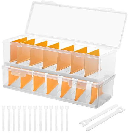 2Pcs Cable Management Box with Lid and 15 Cable Ties, 7 Compartment Cable Tidy Boxes, Cables Management Box, Transparent Storage Box for Charger Organiser, Desk Wire Tidy