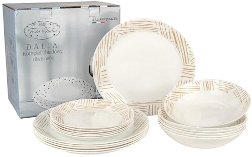FESTA ITALIA Geschirrset 6 Personen - 18 Teilig - Tellerset aus Opalglas - Weiß Essgeschirr Set - Schüssel- und Tellerset - Modern Tafelservice - Teller - Essservice - Geschirr Set 6 Person