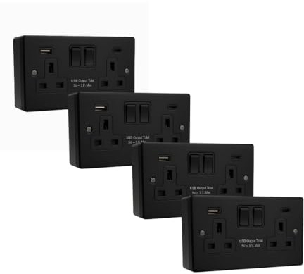 Matt Black 3mm Metal Plate 2-Gang Switched Socket with USB A & USB C Fast Charging Ports + 35mm Surface Pattress Box – 4 Pack | Modern Flat Plate, Durable Steel, Smart Charge Technology, Easy Install