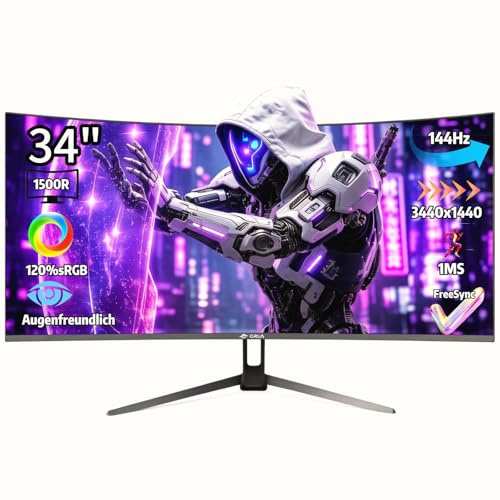 CRUA 34 Zoll Ultrawide Curved Gaming-Monitor (144 Hz), 1500R, 21:9 UWQHD (3440 x 1440), Adaptive Sync, 178° Betrachtungswinkel, DisplayPort, HDMI 2.0, Wandmontage möglich - Schwarz