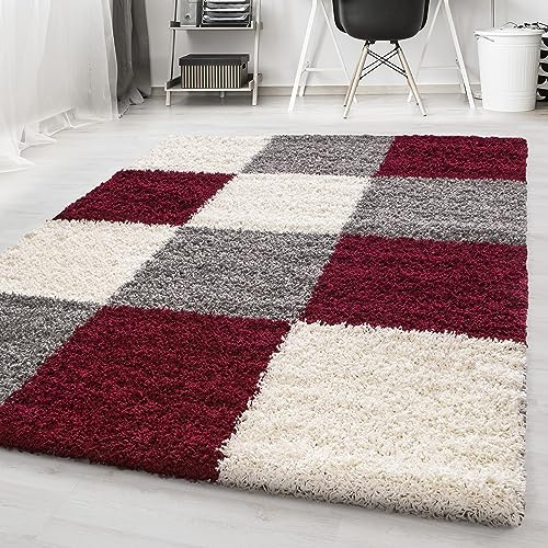 KADIMA DESIGN Hochflor Shaggy Teppich Karo Klassisch Weich Kuschelig Angenehm Waschbar Strapazierfähig Hochwertig 30mm Flor Rot 120x170 cm Schlafzimmer Esszimmer Schadstoffgeprüft | RHEIN
