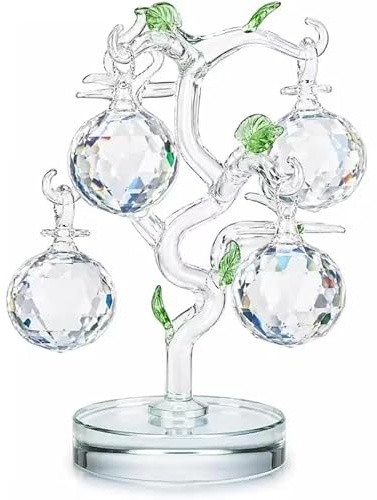Crystal Glass Apple Tree Ornament Clear Decorative Tree with 6 Faceted Apples, Feng Shui Style Home & Office Décor Gift - 16cm