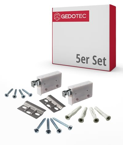 GedoTec Schrank-Aufhänger mit Montageschiene weiß | Tragkraft 150 kg | 5 Komplett-Sets - Möbel-Aufhänger mit Trägerplatte & Befestigungsmaterial Oberschrank | H10630 | Schrankhalter und Wandschienen