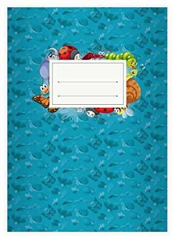 4 Fröhliche Insekten Grundschüler DIN A4 Schulhefte, Rechenhefte mit Marienkäfer, Raupen und co in blau Lineatur 22 (Kariertes Heft)