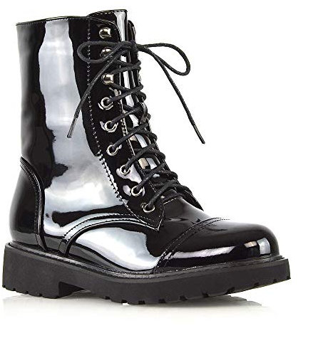 Womens Lace Up Ankle Boots Chunky Grip Sole Ladies Winter Retro Combat Goth Biker Military Army Shoes Booties Size 3-8 Black Patent