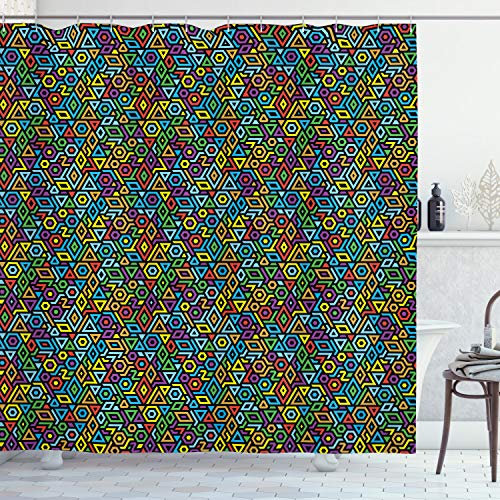 ABAKUHAUS Bunt Duschvorhang, geometrisches Mosaik, Stoffliches Gewebe Badezimmerdekorationsset mit Haken, 175 x 180 cm, Himmelblau Gelb