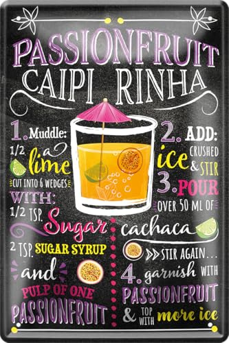 schilderkreis24 - Blechschilder Cocktail Rezept PASSIONFRUIT CAIPI RINHA Deko Metallschild Schild für alle Bar Theke oder Pub Besitzer Geschenk zum Geburtstag oder Weihnachten 20x30 cm