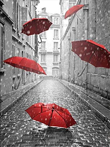 YYLPLLE Landschaftsrätsel-Schwarz-Weiß-Rot-Regenschirm-Rätsel, Holzpuzzle Regen-3D-Puzzlespiele Für Erwachsene, Heimdekoration Einzigartiges Geschenk 1000 Stück 50X75Cm