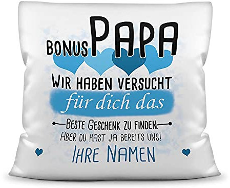 PR Print Royal Kissen mit Füllung Bonus Papa von mehr Kindern - Personalisiert mit Wunschnamen in Hellblau - zum Geburtstag und Vatertag - Kissen Polyester weiß - glatt, 40 x 40 cm