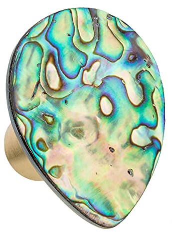 KYEYGWO 4 Stück Abalone Muschel Möbelknöpfe, Weiß Muschel Edelstein Schubladenknöpfe Messing Schrankknöpfe für Haus Decor Ziehgriff Stein Schrankknöpfe Kommoden Tropfenform Knöpfe