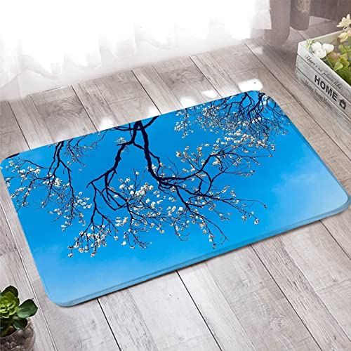 Fußmatte Schmal, Wc Teppich 50X80cm Blau Weiss Zweige und Blumen Willkommen Matten für Badezimmer Küche