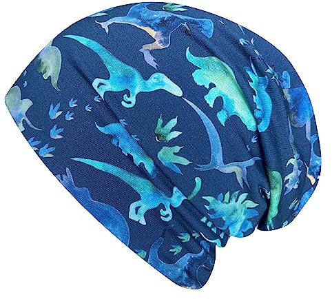 Wollhuhn ÖKO Jungen/Mädchen Bequeme Weiche Long Beanie/Mütze/Beanie-Mütze/Strickmütze/Kindermütze Jersey Gefüttert Übergangszeiten (Öko-Stoffe/Bio) (LB Dinos Blau/Grün, M)