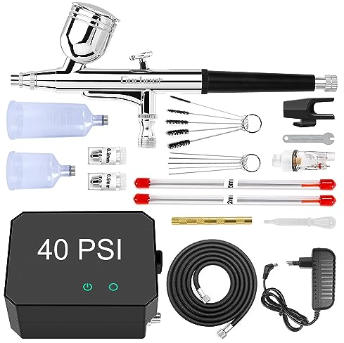 Gocheer Upgraded 40PSI Aerograph, Multi-Function Dual-Action Airbrush Set Compressor avec le Maquillage, l'artisanat, la Décoration de Gâteaux, la Conception d'ongles et tatouage corpore