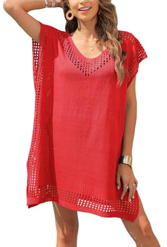 Codkkre Copricostume Donna Mare Vestito da Spiaggia con Crochet Scollo a V Abito da Spiaggia Coprire Costumi da Bagno Sciolto Hollow out Sexy Bikini Cover Up, Rosa