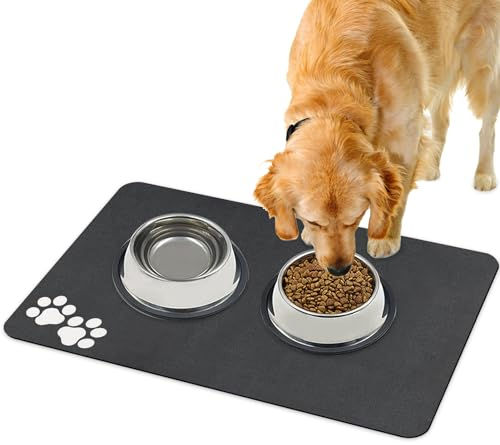 Dog Food Mat 40x60cm Super Absorbent Non Slip Pet Feeding Mat for Dog Cat and Small Animall Rubber Back Easy Clean Wash Dark Gray