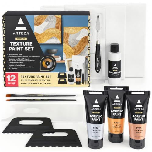 ARTEZA Kit de peinture texturée, peintures acryliques métalliques, toiles | Peintures dorées, argentées et bronzes, pâte à modeler, outils de texture en silicone, toiles tendues, texture et dimension