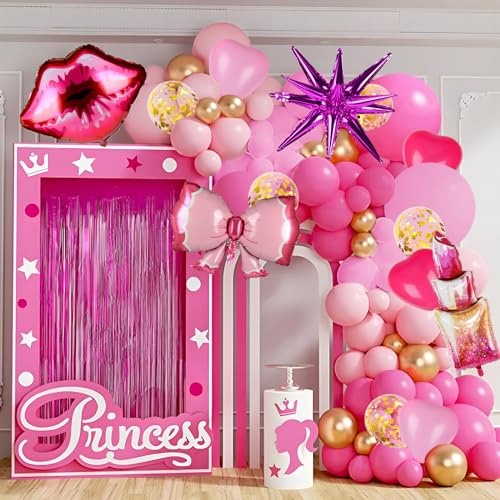 BIQIQI Palloncini Principessa Barbi, 108 pezzi Ghirlanda Palloncini Rosa Fucsia Oro a Forma di Cuore Rossetto Bacio Farfalla per Donne Nozze Baby Shower Compleanno Principessa