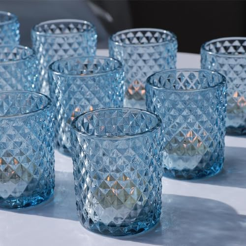 Vohocandle Lot de 12 bougeoirs en verre bleu pour de multiples occasions, mariage, décoration de fête, résistant à la chaleur, photophores en verre poli