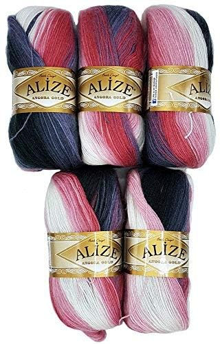 5 x 100 g Strickwolle Angora gold mehrfarbig mit Farbverlauf, 500 Gramm Strickgarn mit 20% Wolle-Anteil (rosa grau weiss 1602)