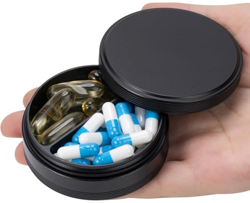 Pillendose mit 2 Fächern, tragbarer Metall-Reise-Pillendose für Tasche oder Geldbörse, wasserdichter Pillen-Organizer für Medizin, Vitamin, Fischöl und Nahrungsergänzungsmittel