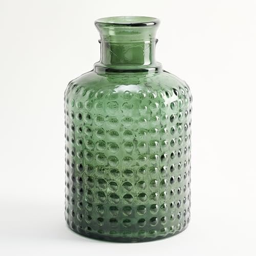 Bottiglia media in vetro riciclato con motivo a punti in rilievo, piccola caraffa artigianale in vetro stile mediterraneo, per decorazione come vaso o vaso (Verde Oliva)