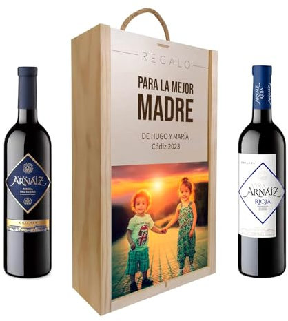 Deliex delicias de Extremadura. Caja con vinos personalizada, 2 vinos de crianza Rioja y Ribera del Duero. Regalos originales para hombres y mujeres. Personalización a todo color.