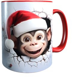Druck-66 Weihnachtstasse Affe Weihnachtsaffe 3D Keramik Tasse Rund