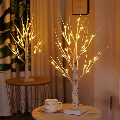 Set of 2 Small Birch Twig Tree Pre-Lit Twig Tree with 24 Warm White LEDs USB & Battery Operated Tabletop Decorative Festive Tree Decoration for Easter Xmas Home Party Wedding (60cm/2ft)